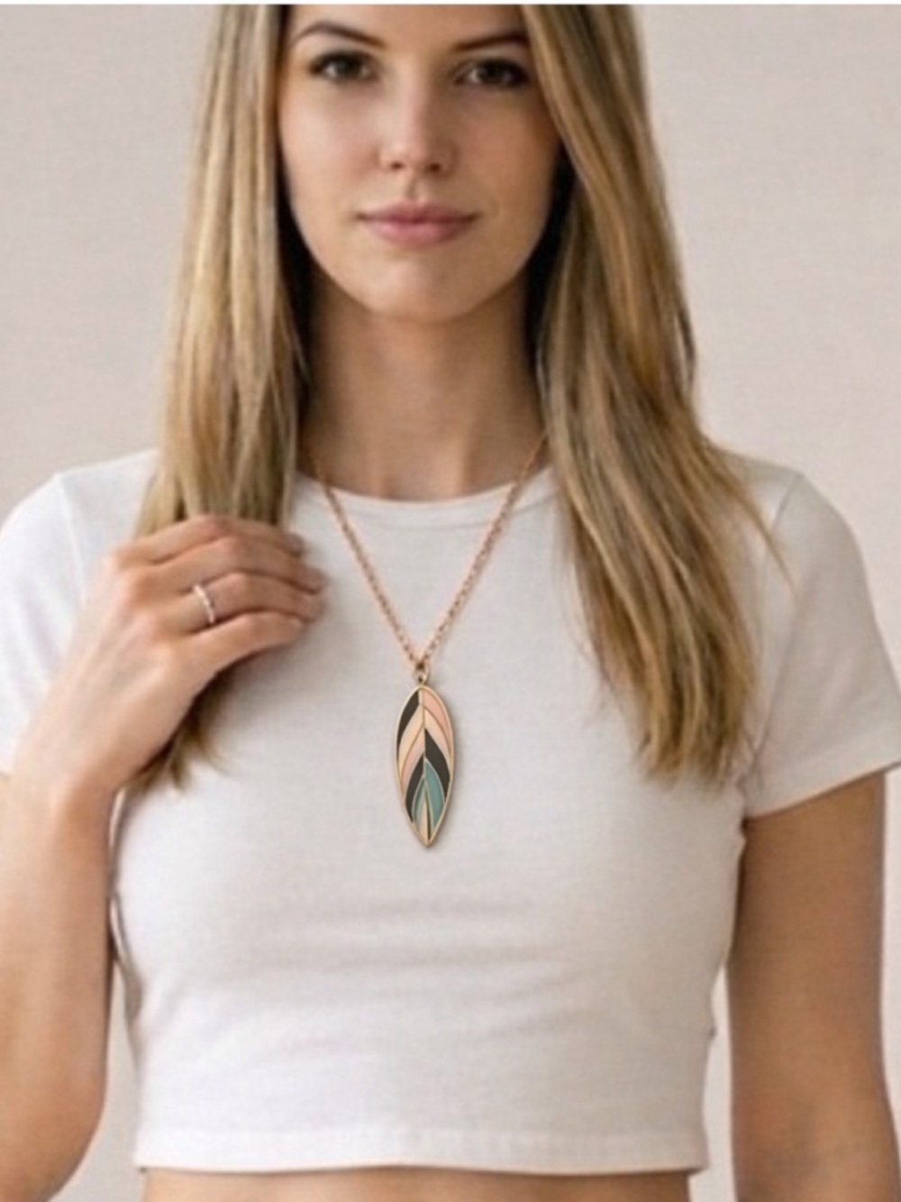 Leaf Enamel Pendant Gold Tone Green Pink Geometric Botanical